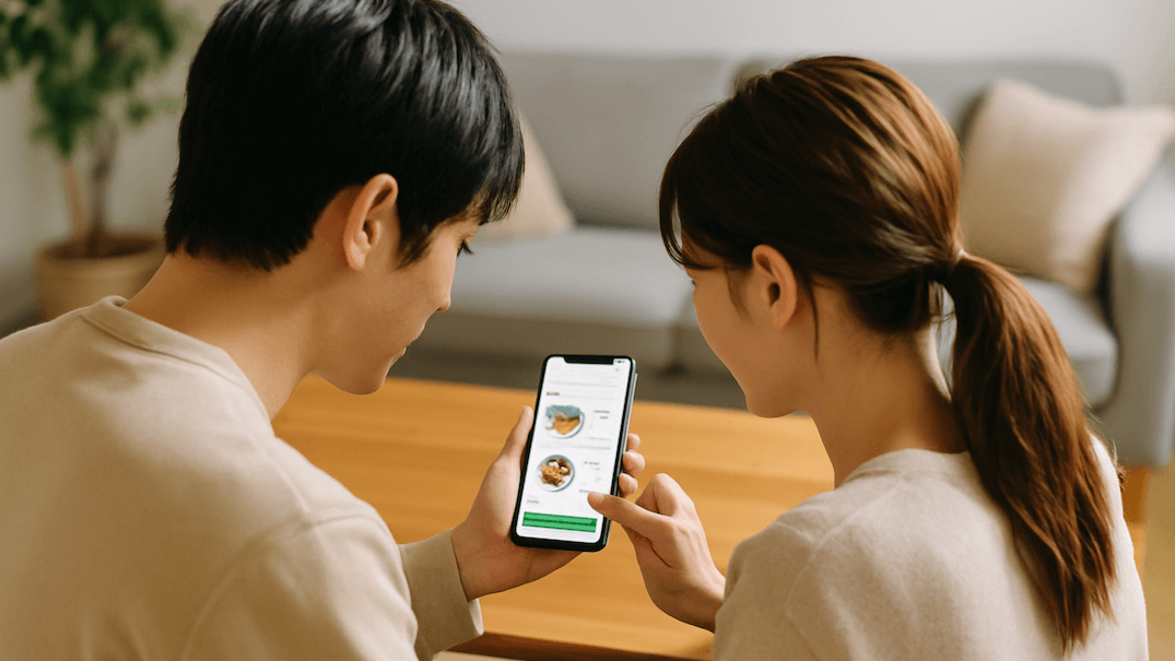 スマホを操作してナッシュ風オンライン注文をしている若い夫婦