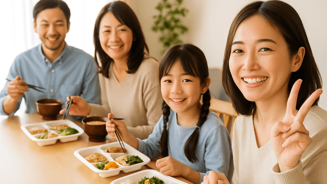 テーブルを囲み笑顔でピースサインをする親子や夫婦