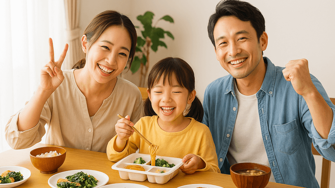 食卓で冷凍弁当を美味しそうに食べる家族の様子