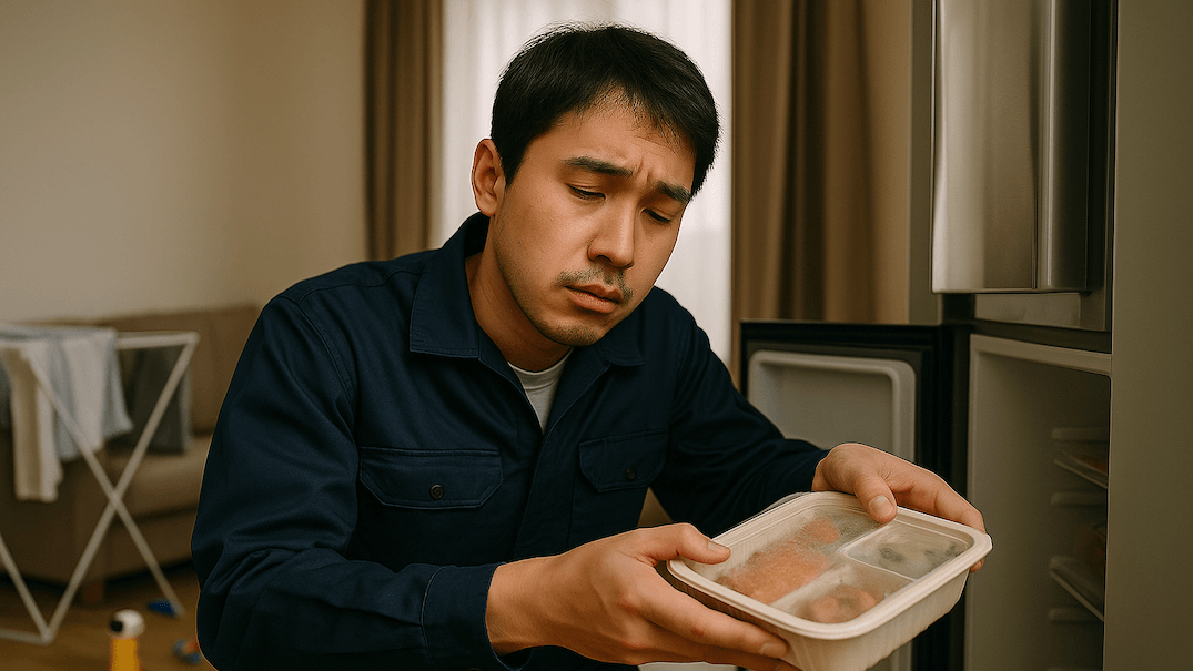 夜勤明けに疲れたパパが冷凍庫を開けて食事を取り出す様子