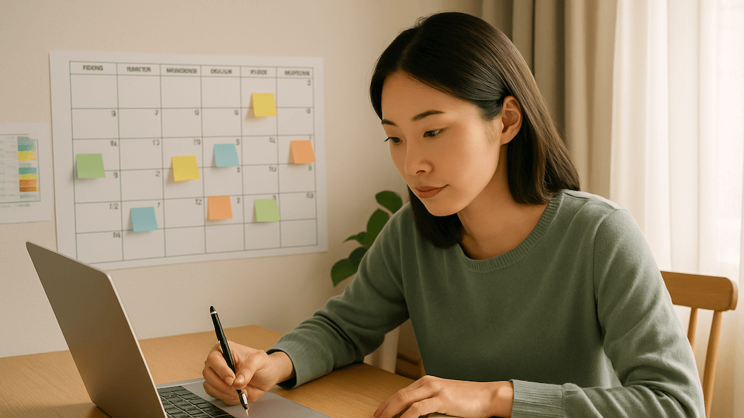 ノートパソコンでToDoリストを確認しながら計画を立てる主婦またはビジネスパーソン