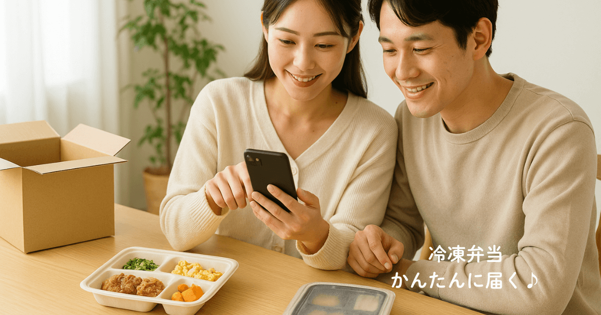 スマホで冷凍弁当を注文する若い夫婦。テーブルには宅配された冷凍弁当と段ボールが置かれている。