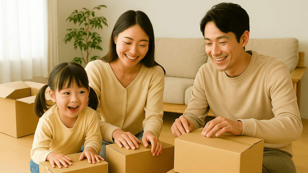 複数の段ボールを前にワクワクしながら開けようとしている家族の様子