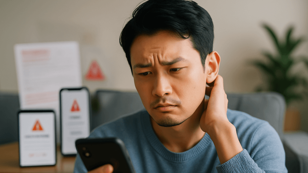 スマホを見ながら困った表情を浮かべる人物