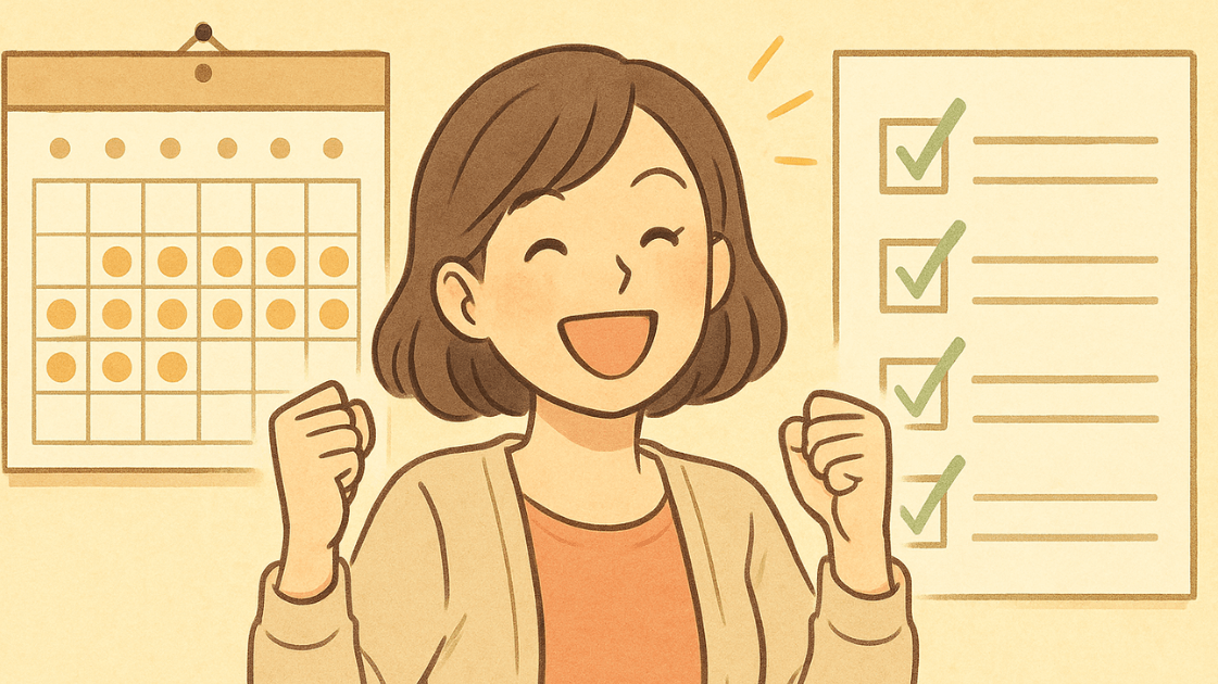 カレンダーとチェックリストの前でガッツポーズする妻を描いた画像