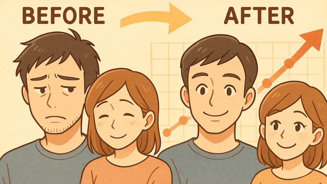 折れ線グラフを背景に Before と After で表情が柔らかくなった夫婦を描いた
