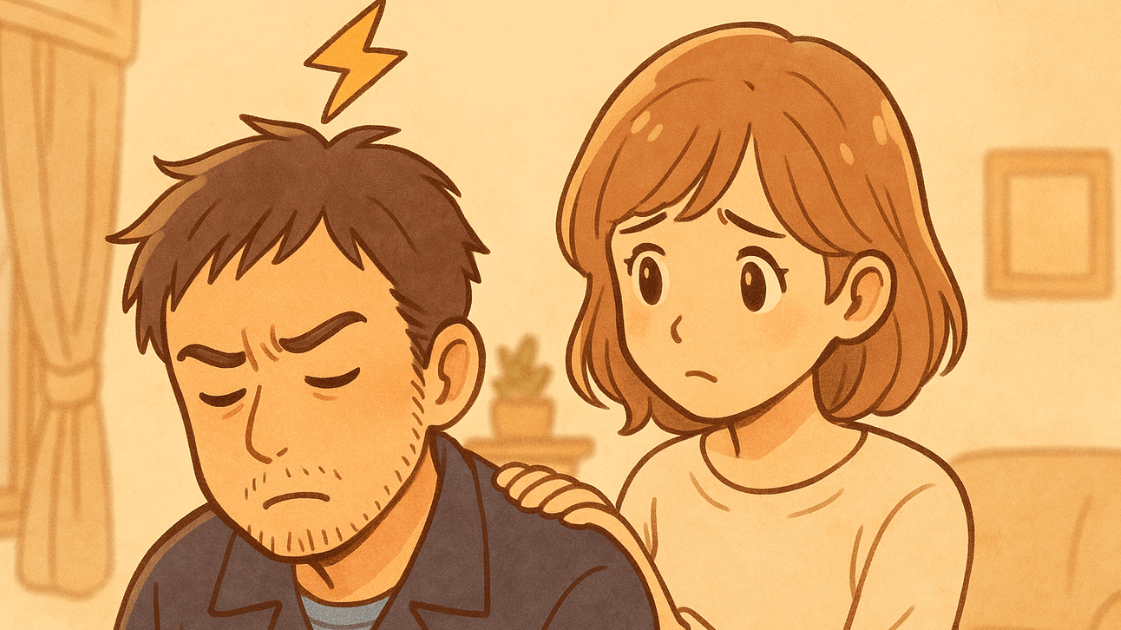 夜勤明けでイライラする夫と心配そうに寄り添う妻を描いた画像