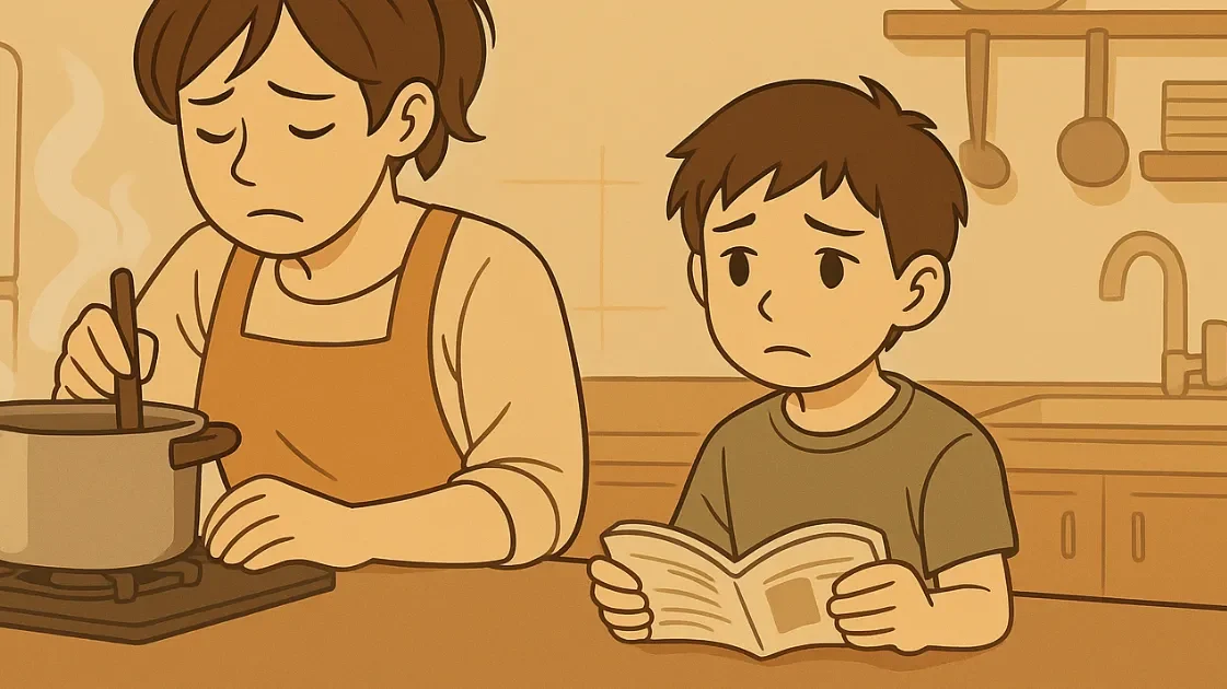 料理に追われる母と、話しかけづらい表情の男の子