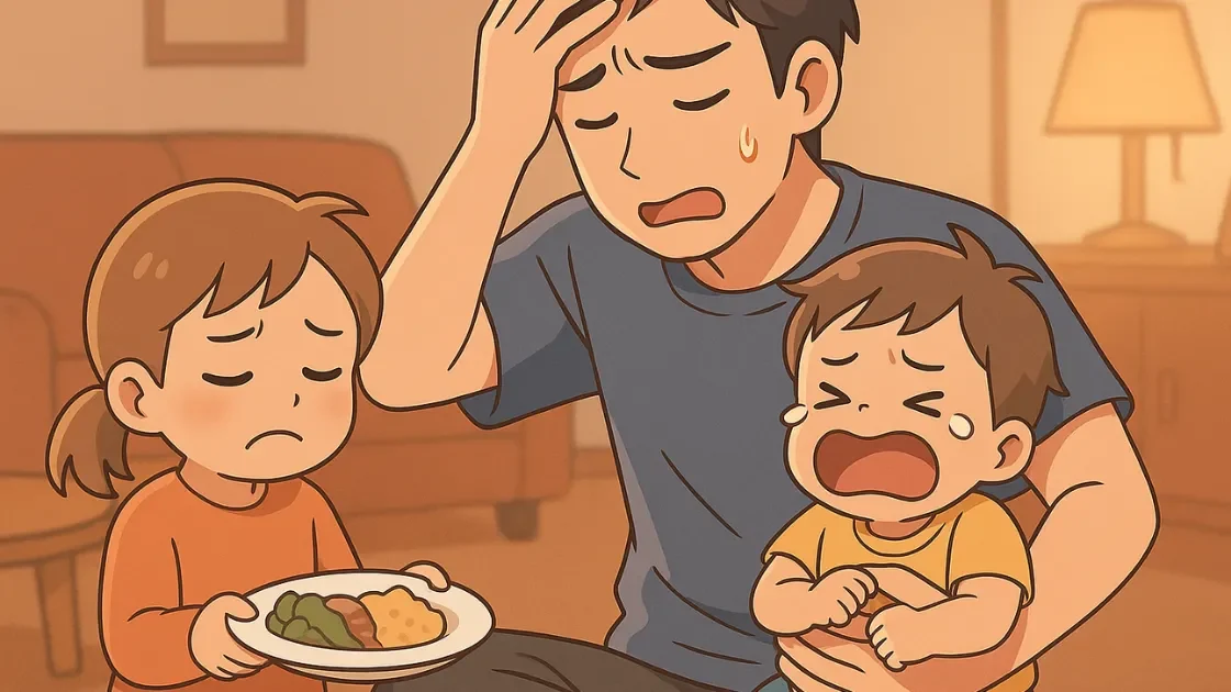 食事中に泣き出す子どもと途方に暮れる父親のイラスト