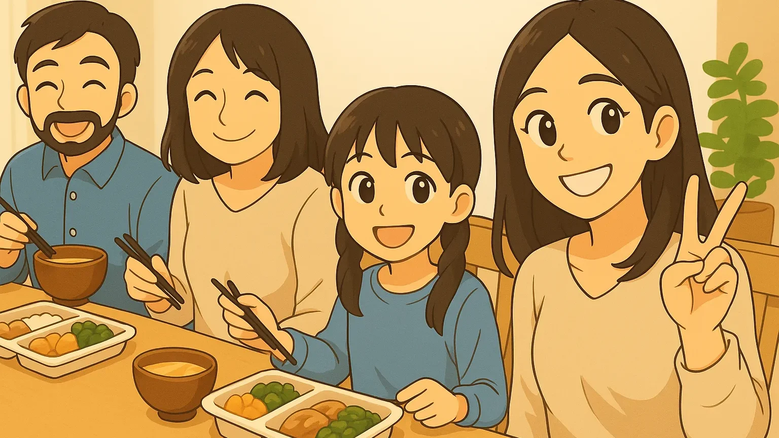 冷凍弁当を囲む笑顔の家族