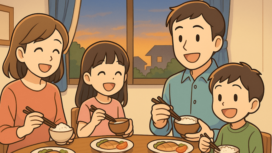 夕食を囲む家族4人が笑顔で食卓を囲んでいる温かなイラスト