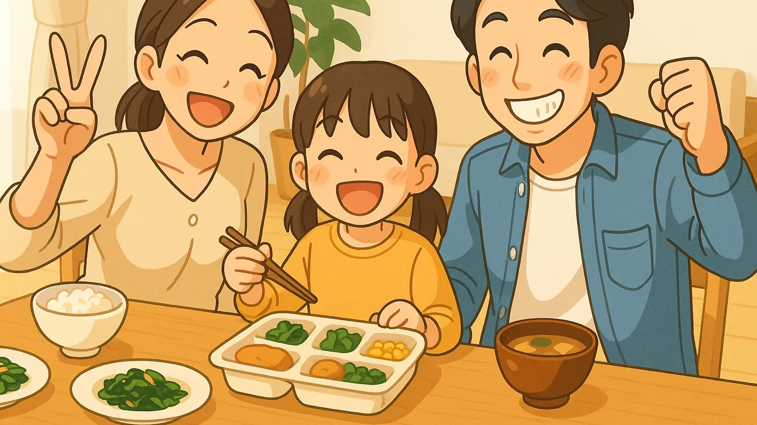 冷凍弁当を囲む笑顔の家族