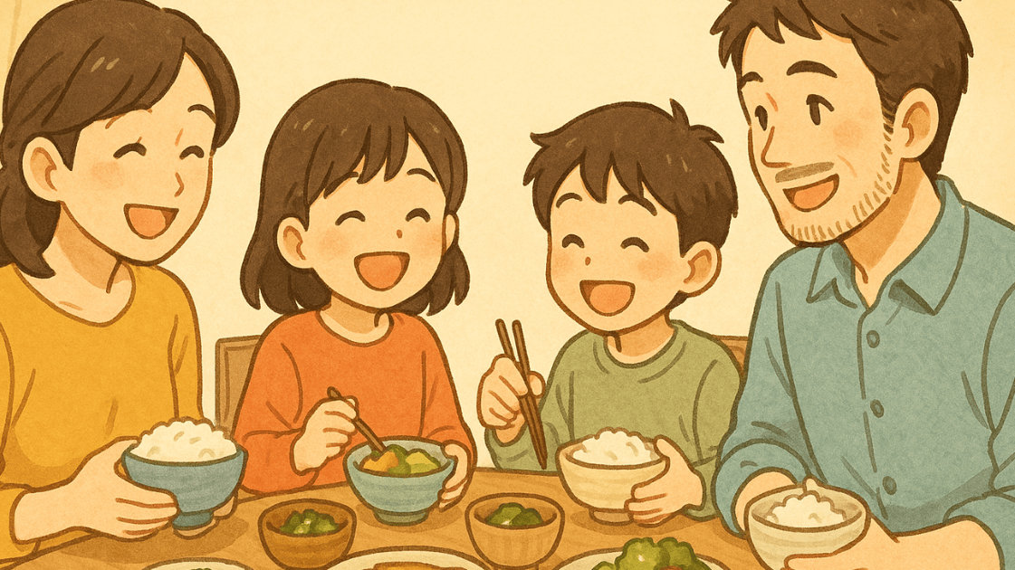 温かいアニメ風タッチで家族4人が笑顔で食卓を囲む画像