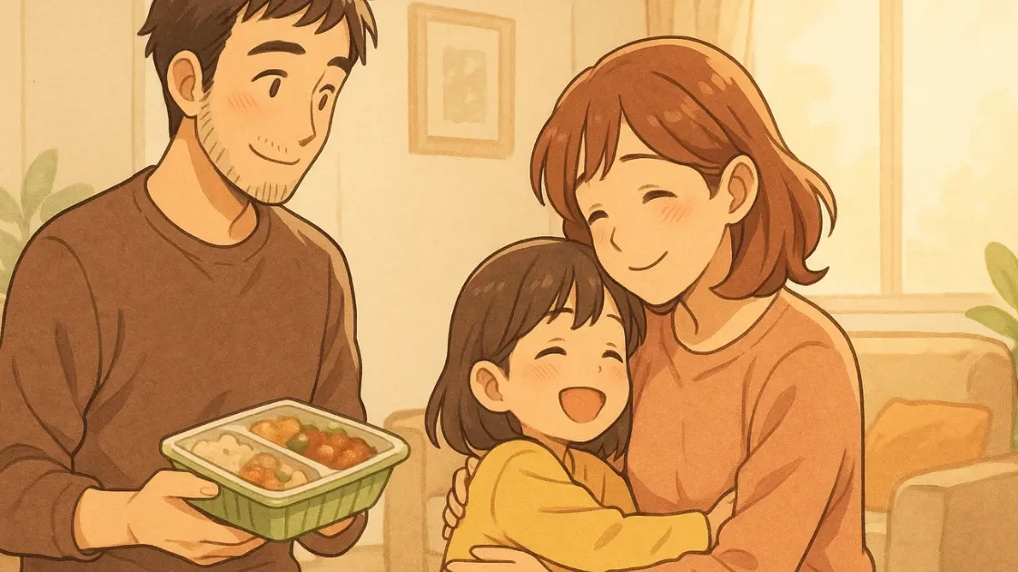 冷凍弁当noshを囲んで笑顔で過ごす家族のイラスト