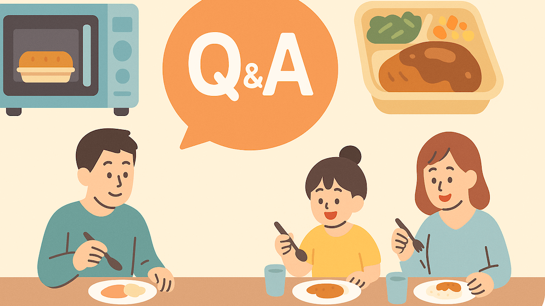 ナッシュの弁当や電子レンジを背景にした家族の食事風景とQ&Aアイコンのイラスト