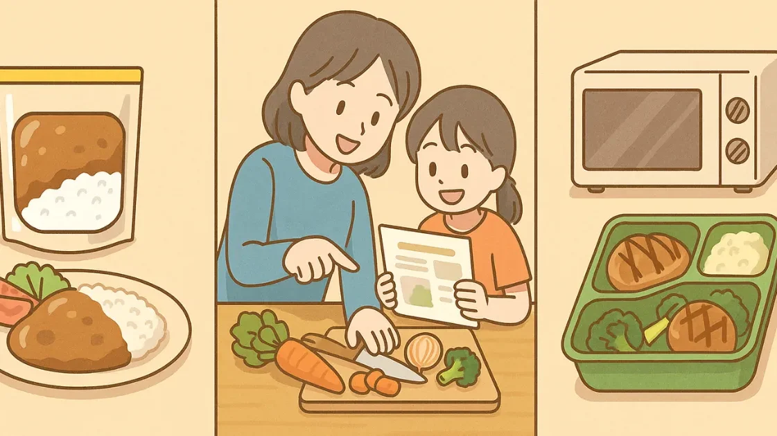 レトルト、ミールキット、冷凍宅食(nosh)の食事準備スタイル比較イラスト