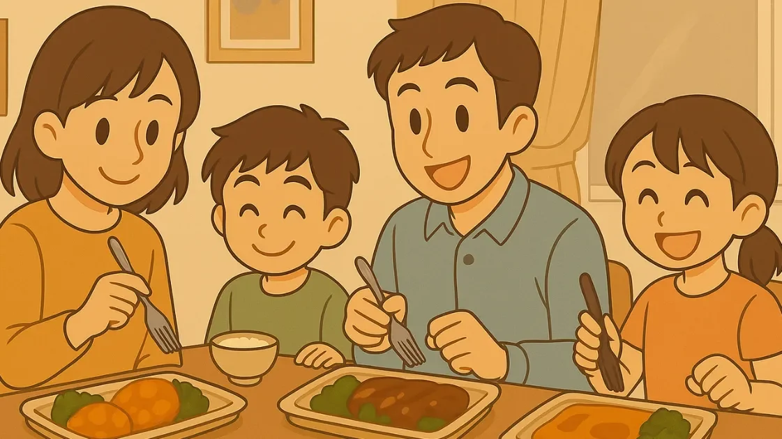 宅食プレートを囲んで談笑する4人家族のイラスト