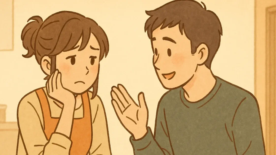 料理に疲れた妻に優しく話しかける夫のイラスト