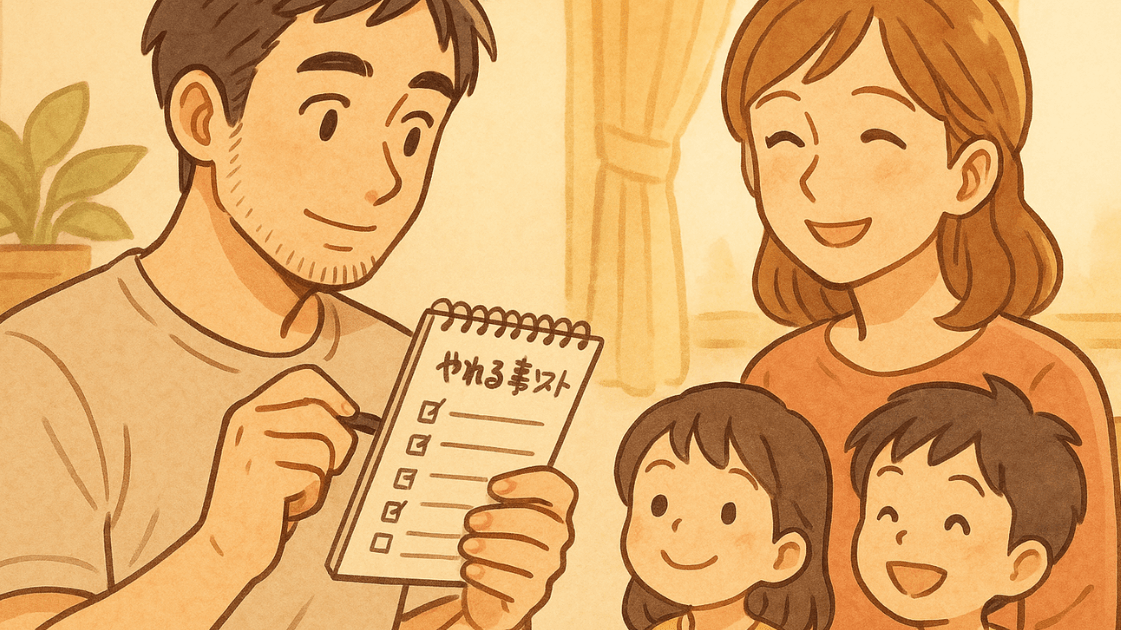 メモ帳片手にやれる事リストを確認する夫と、微笑む妻と子どもを描いた画像