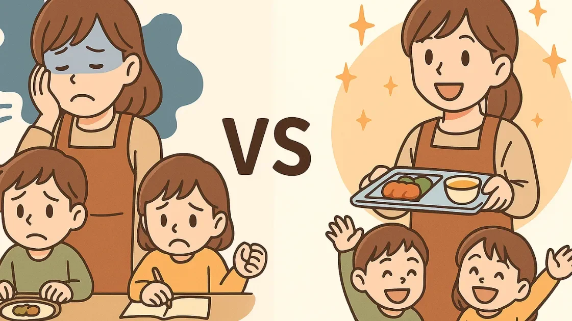 料理に疲れた母と、noshで笑顔になった母の比較イラスト