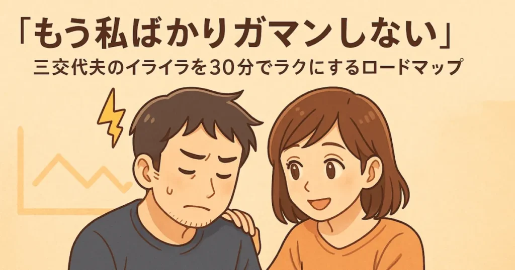 三交代勤務でイライラする夫と困惑する妻、悲しげな子どもたちを描いたアニメ風イラスト