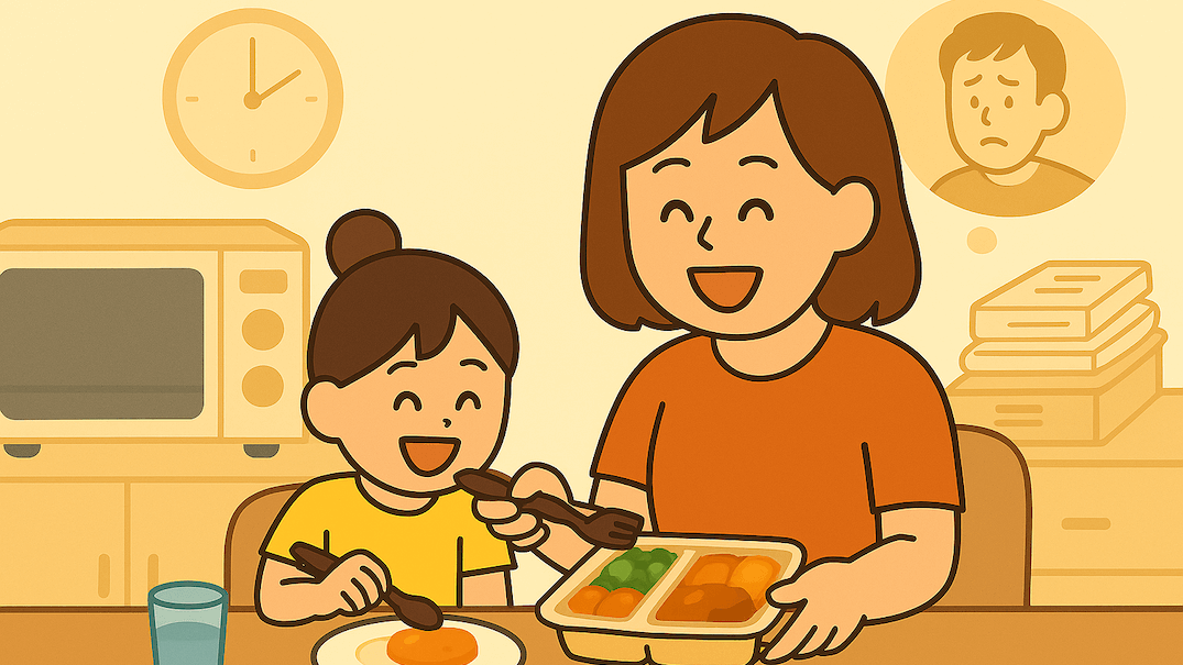ナッシュを温めて笑顔で食べる親子、背景に仕事や不安を象徴するアイコン