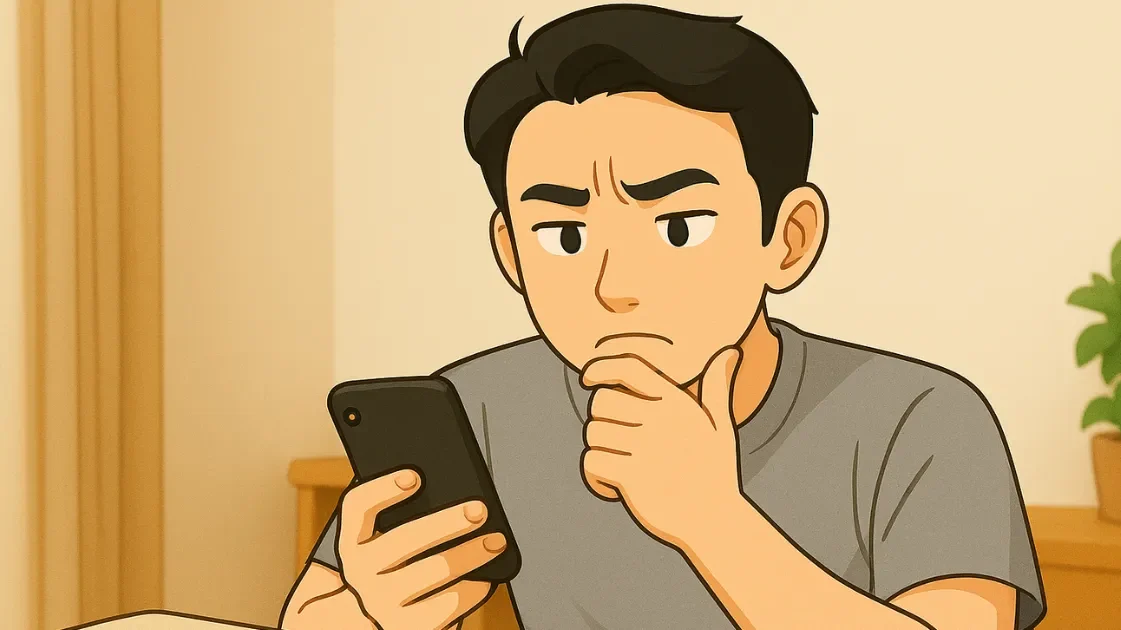 真剣な表情でスマホを操作し、ナッシュの情報を調べている男性