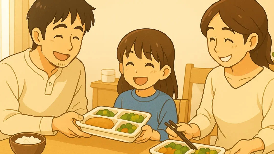 家族3人がナッシュを囲んで笑顔で食卓を囲んでいる様子