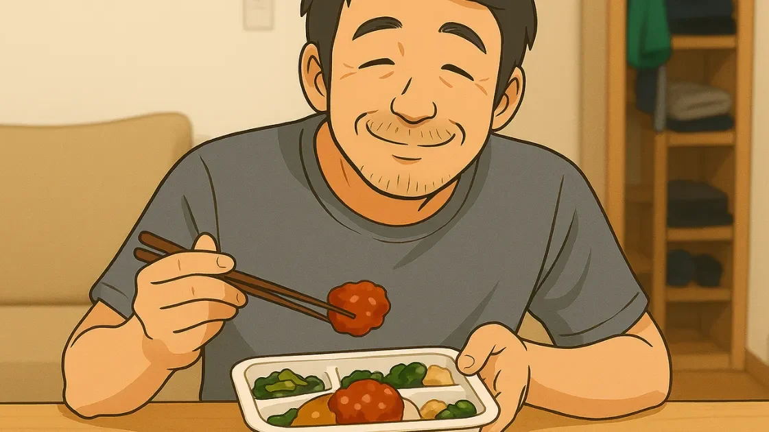ナッシュを食べて笑顔を見せる中年男性