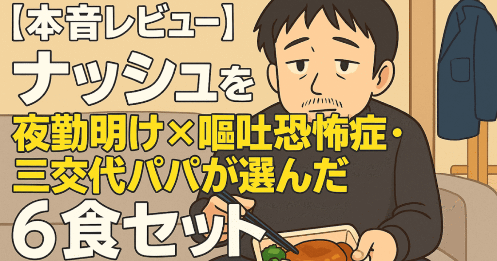 ナッシュの冷凍弁当を夜勤明けに食べる三交代パパがホッとひと息ついているアイキャッチ画像。文字入りで記事のテーマが一目で分かる。