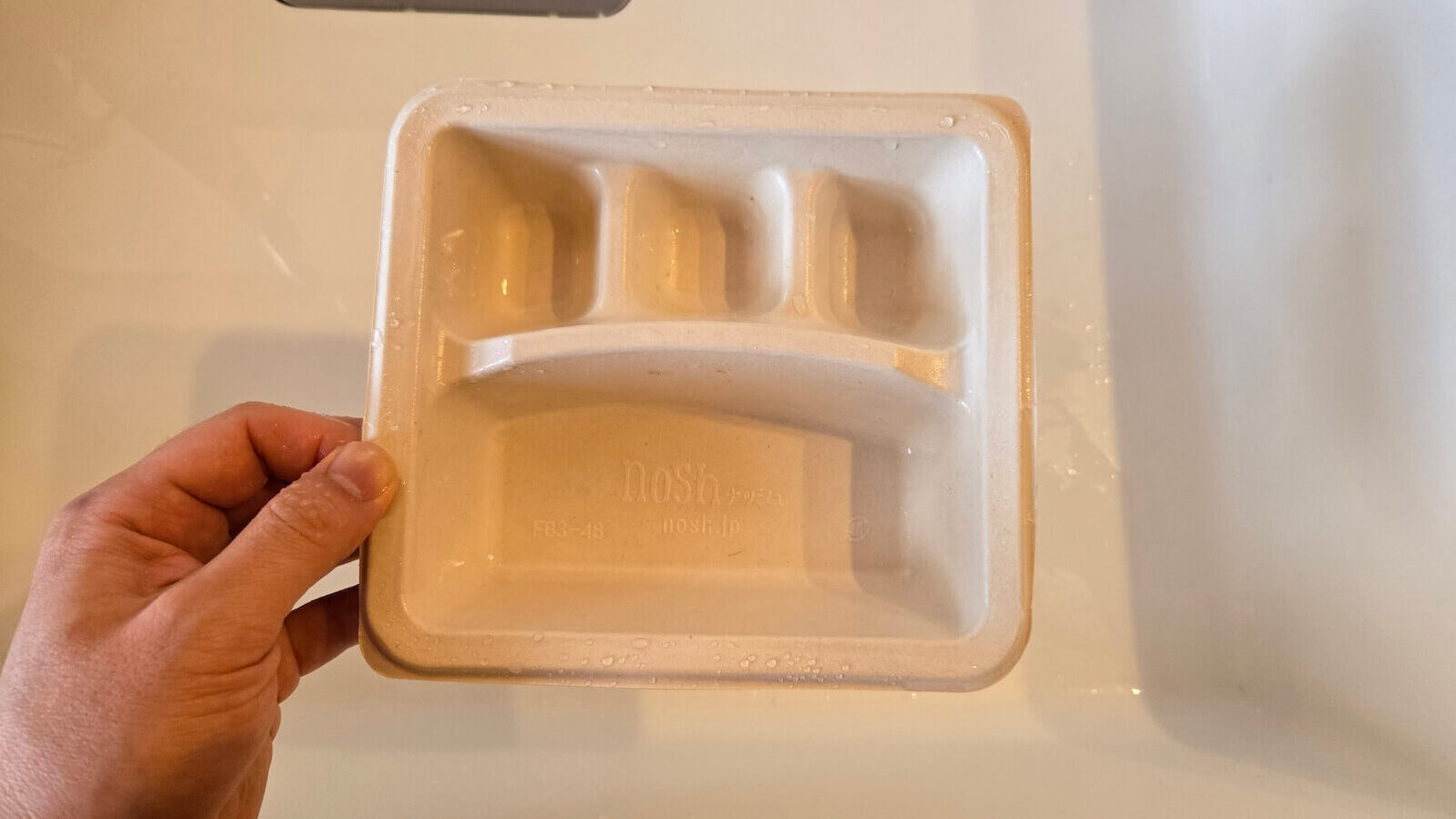 食後に水洗いされたナッシュの紙製トレー。洗いやすさとエコ感を伝える。