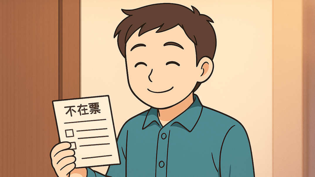 笑顔で不在票を受け取る父親のイラスト