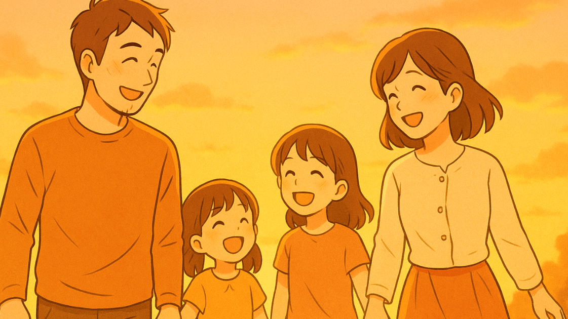 夕焼けを背景に手を取り合い笑顔で歩く家族4人を描いた画像
