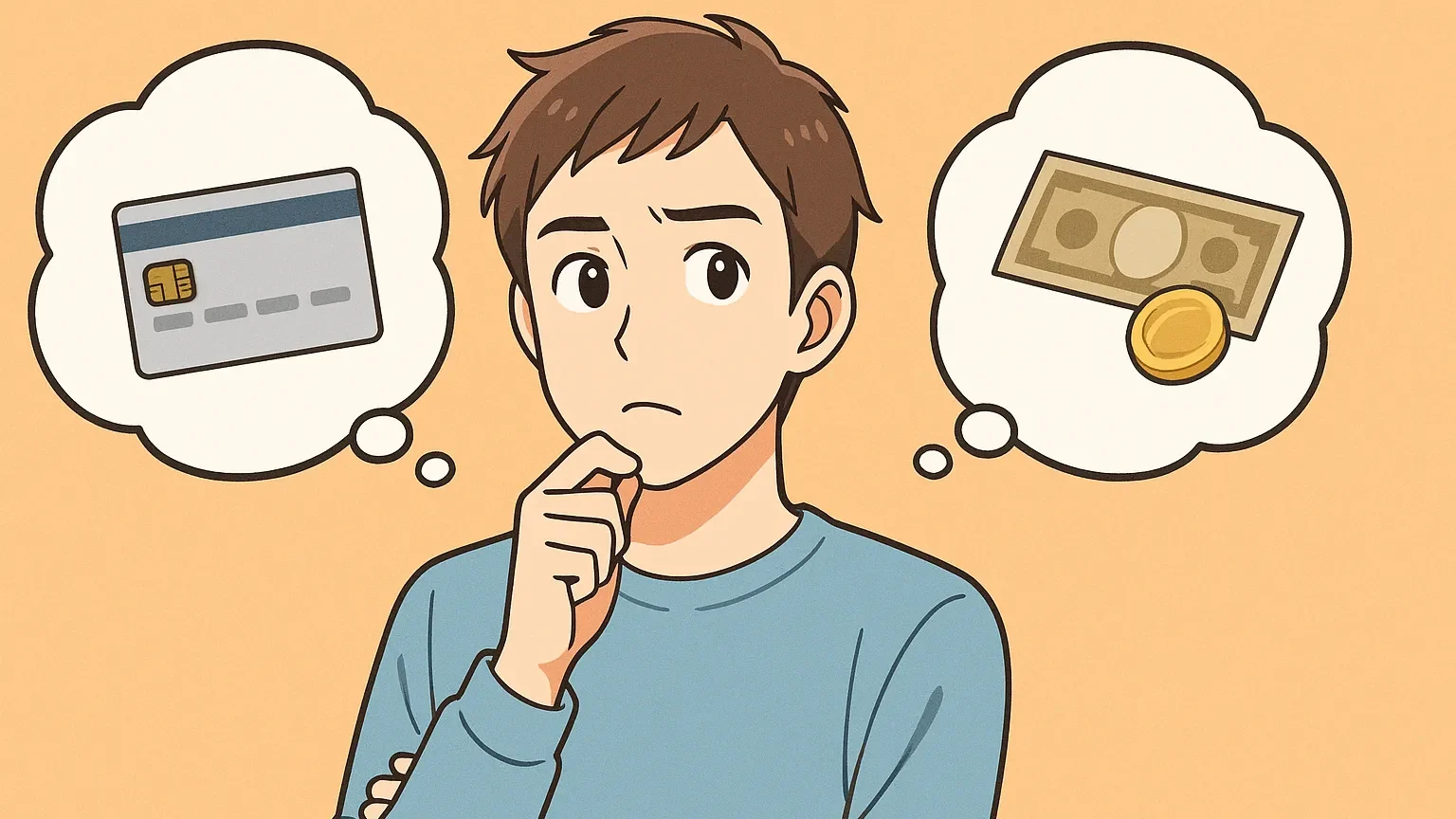 クレジットカードと現金の支払い方法に迷っている男性のイメージ