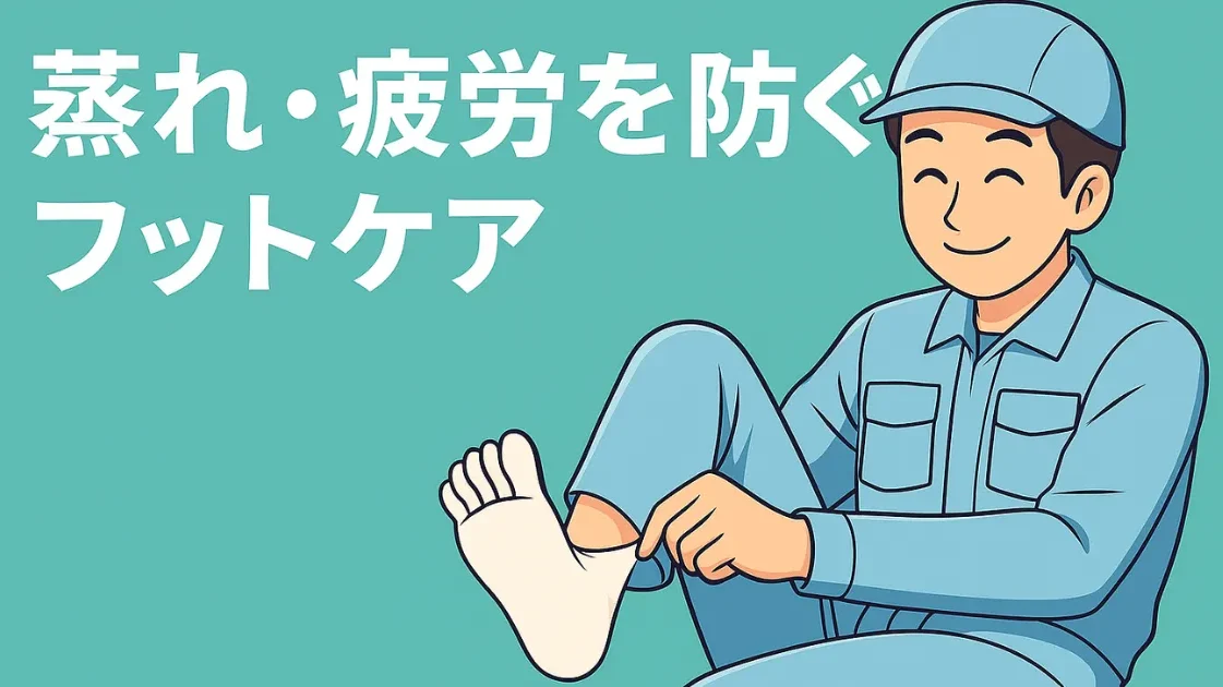 蒸れ・疲労を防ぐフットケアとして靴下を履く男性作業員