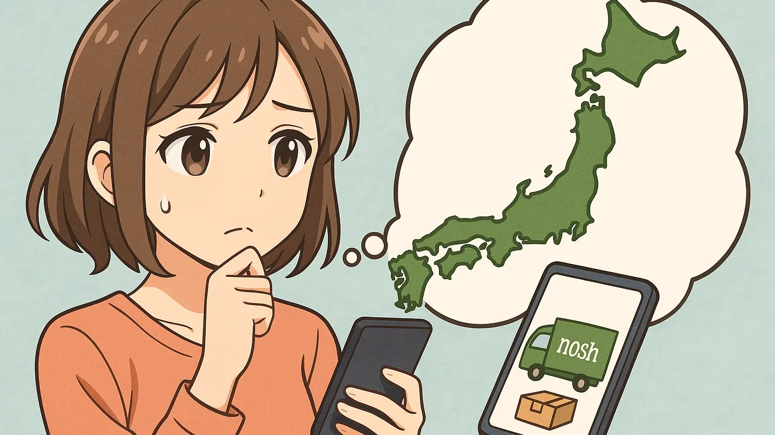 スマホでナッシュの配送エリアを確認して不安そうにする女性