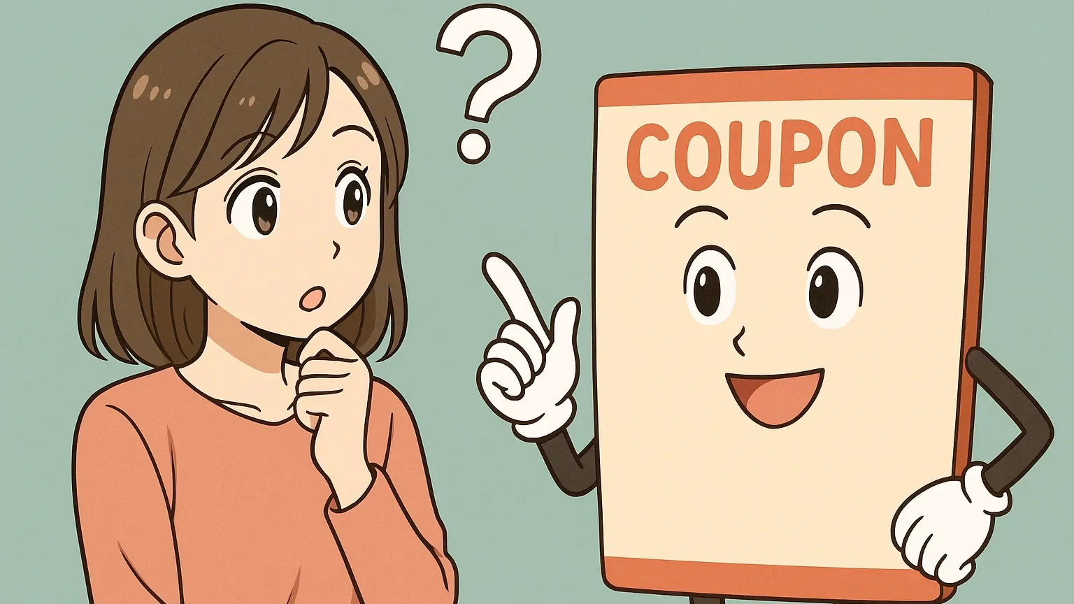クーポンキャラクターが女性の質問に答えているシーン