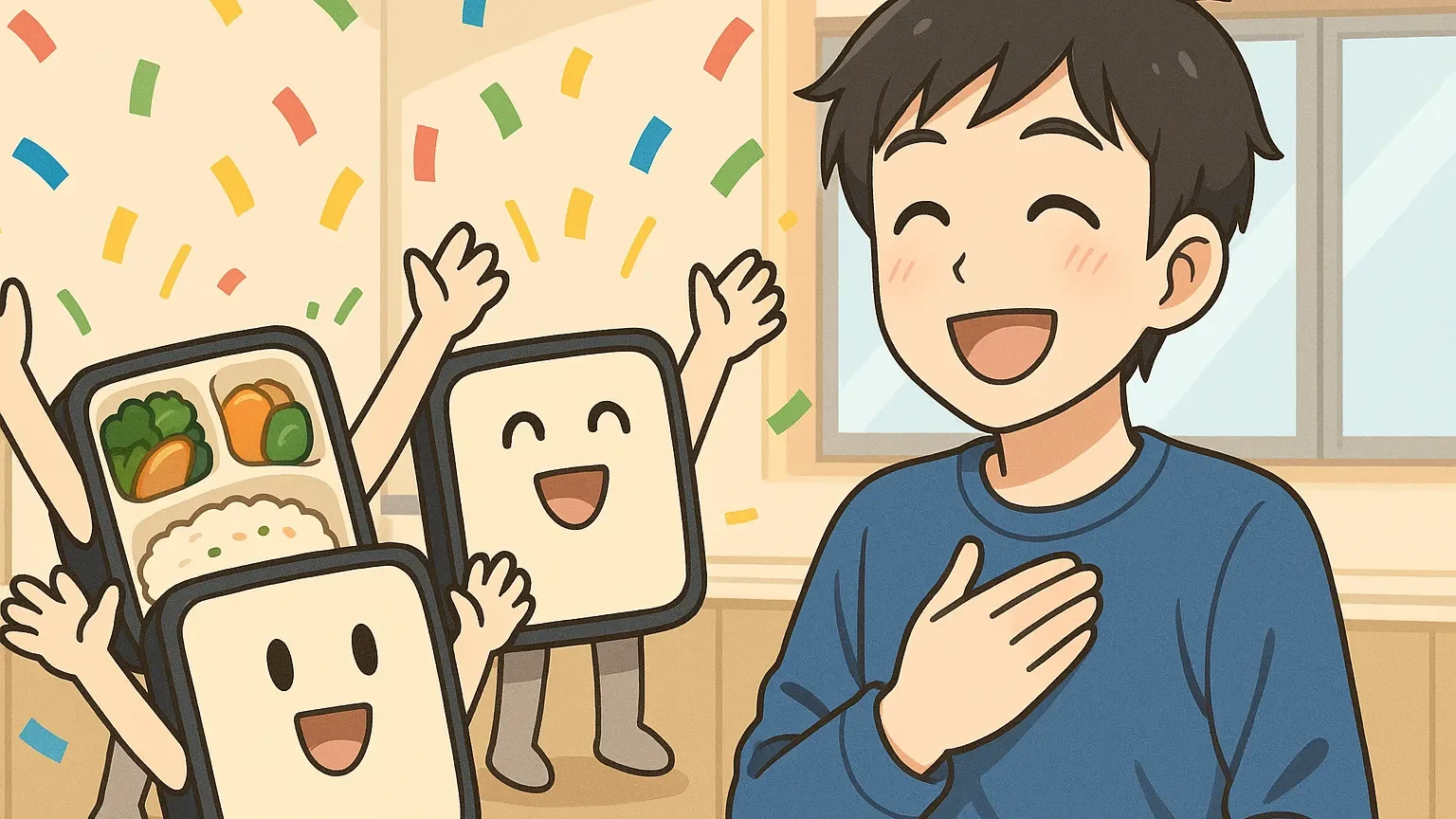 宅食弁当キャラクターたちに復帰を祝われる男性