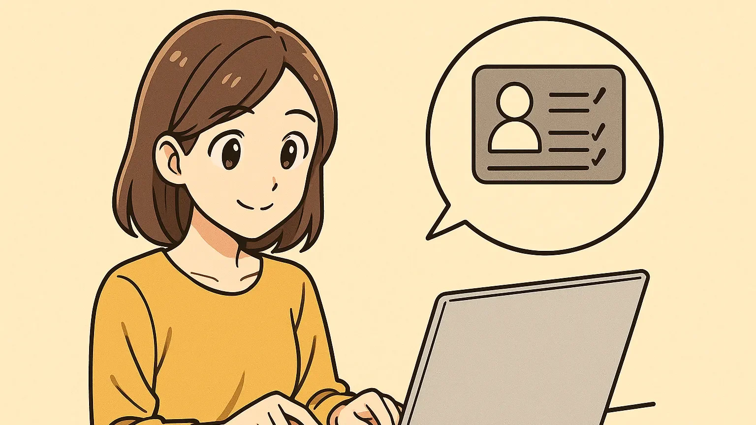 パソコンで登録手続きをしている笑顔の女性のイラスト