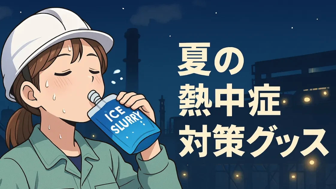 夏の熱中症対策グッズを飲む女性作業員のイラスト