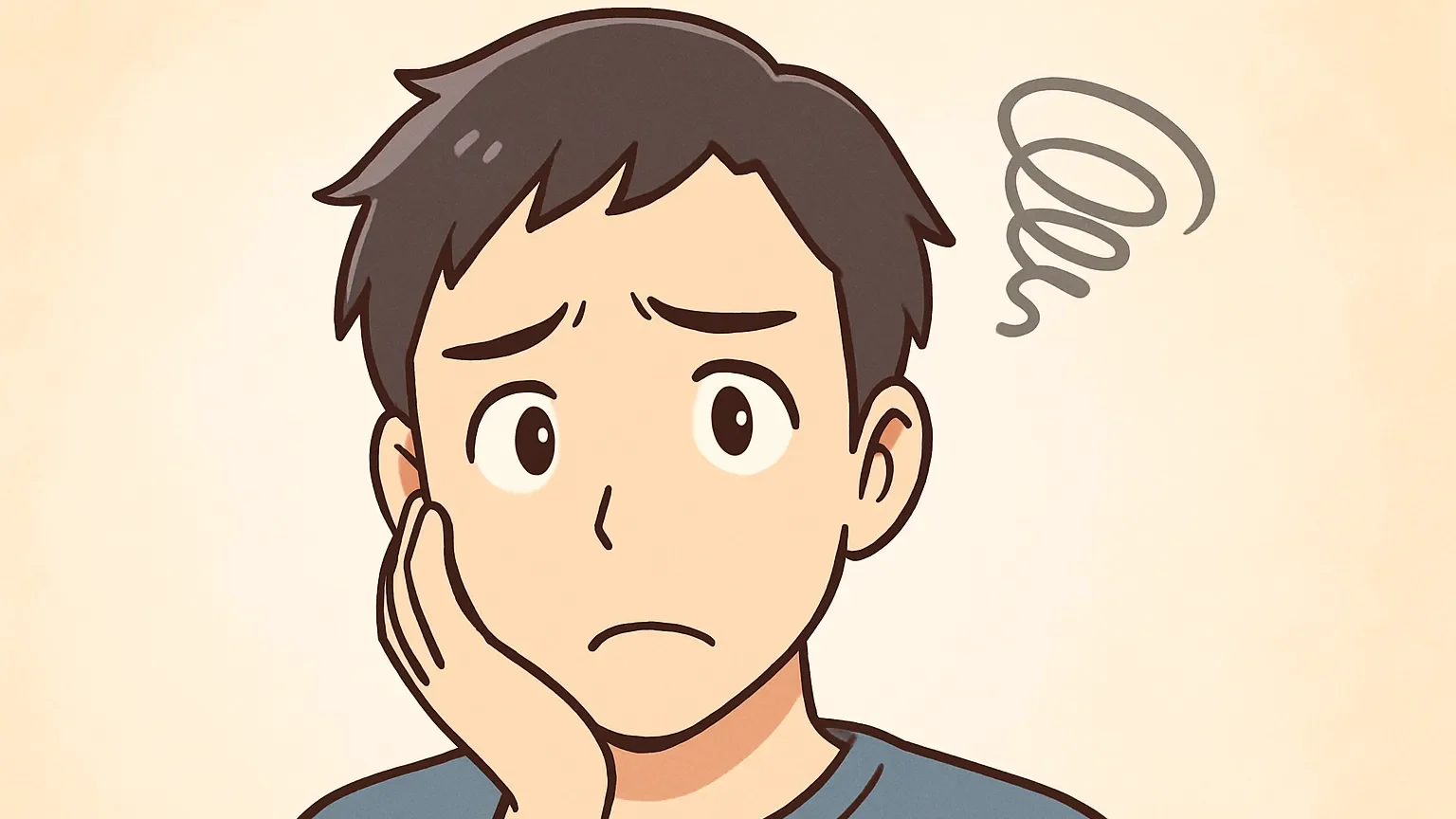 困った表情で頬に手をあてる男性のアニメ風イラスト
