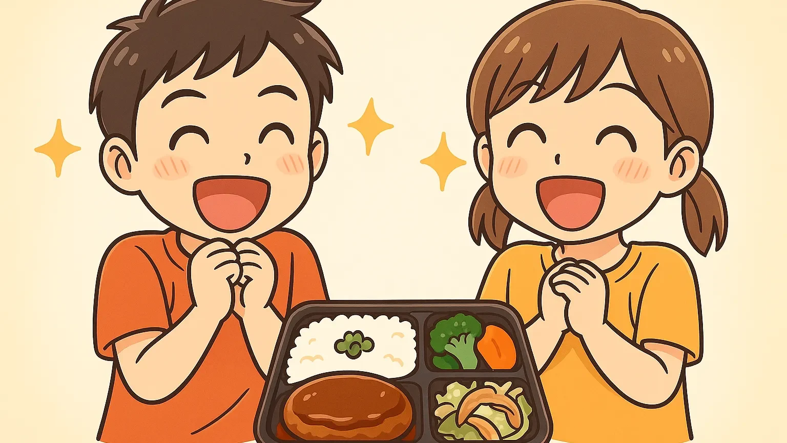 冷凍弁当を見て喜ぶ男の子と女の子のイラスト