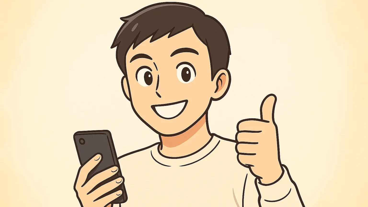 スマホを手に親指を立てる男性イラスト