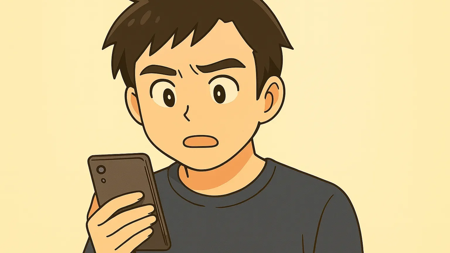 スマホ画面を見て配送日時に驚く男性のイラスト