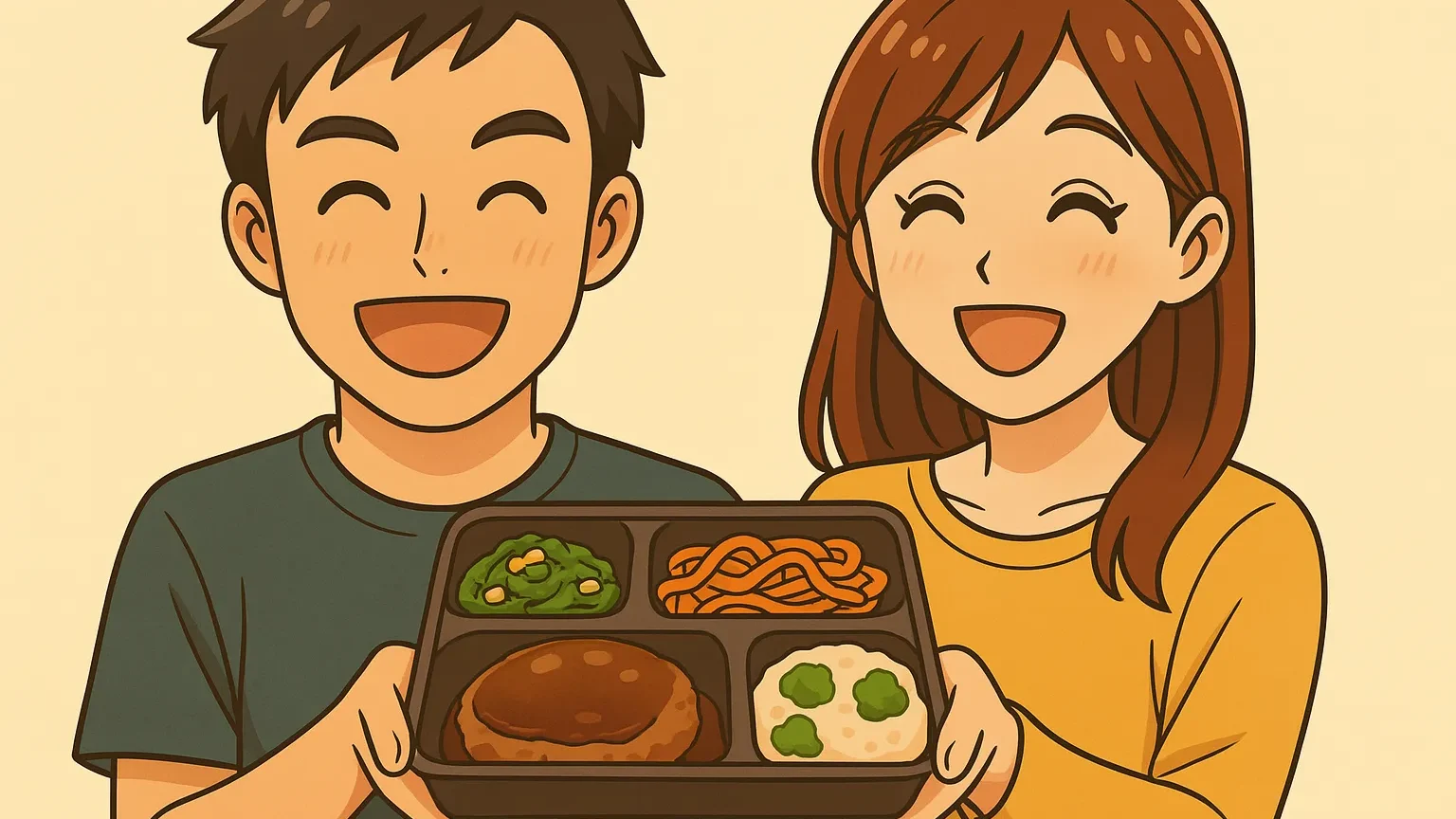 冷凍弁当トレーを笑顔で見せる男女のイラスト