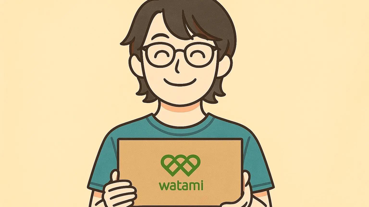 watamiと書かれた段ボールを持って笑顔を見せるテイラー(筆者)