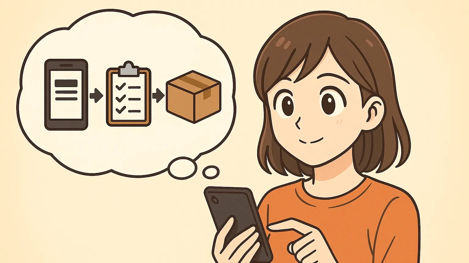 スマホ操作で注文をイメージする女性のイラスト(ワタミ宅食)
