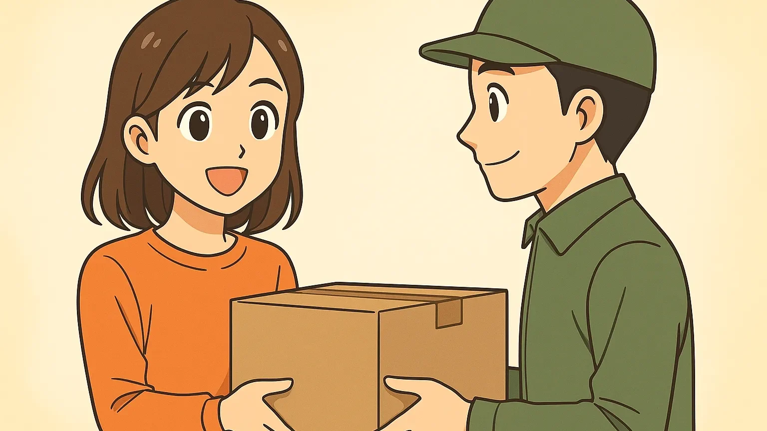 段ボールを配達員から受け取る女性のイラスト(ワタミ宅食)