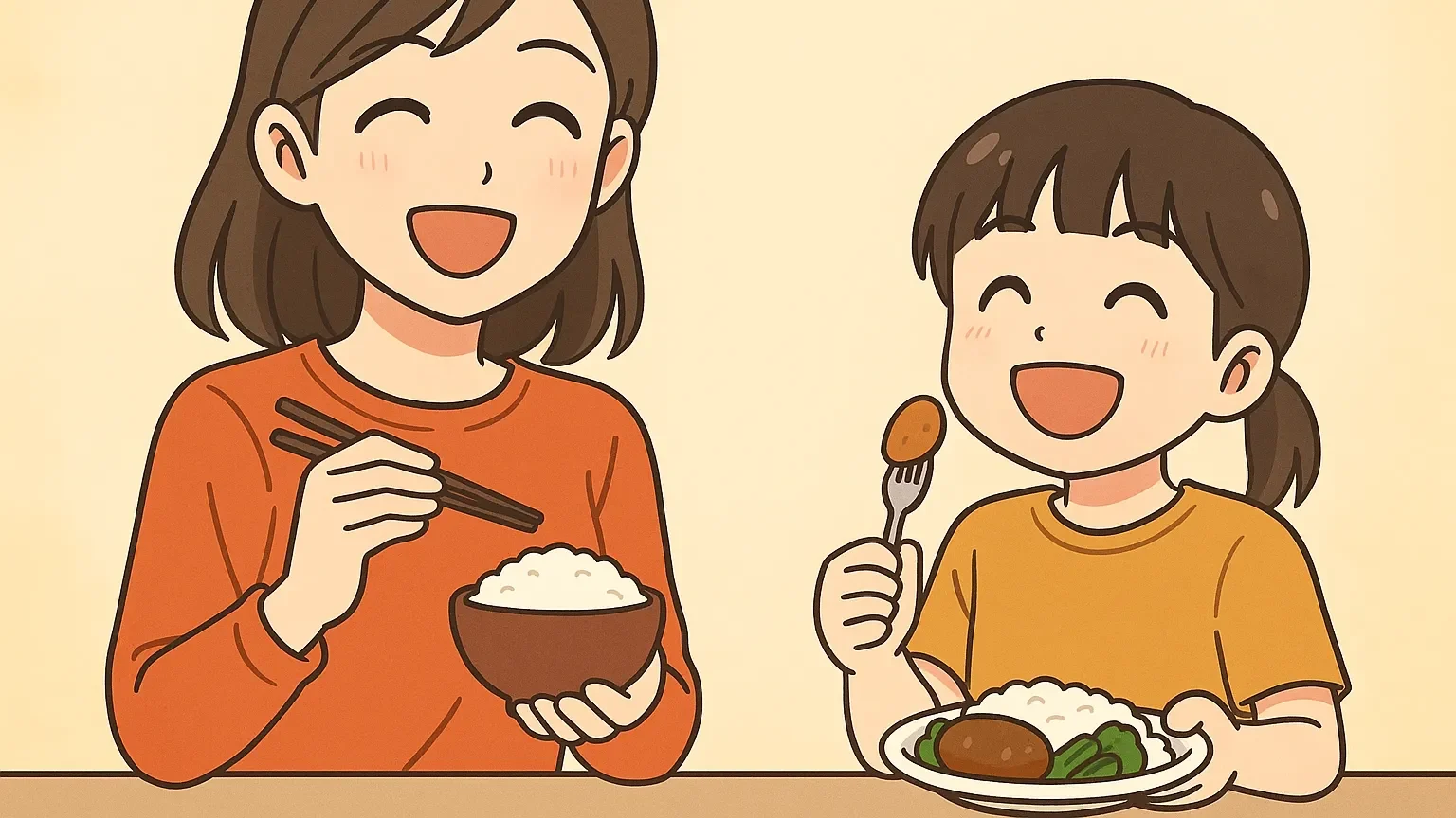 妻と子供が楽しそうに食事をしているイラスト(ワタミ宅食)
