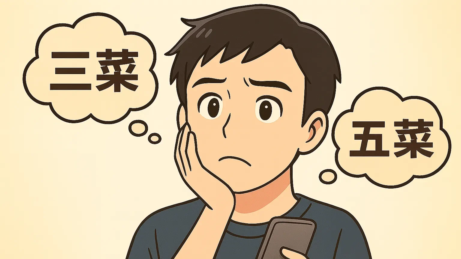 三菜と五菜の間で悩む男性のイラスト(ワタミ宅食)